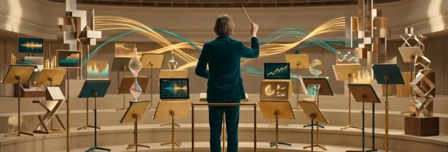 Chef d'orchestre de dos dirigeant une scène métaphorique composée d'éléments visuels représentant des flux de données et processus automatisés, dans une composition symétrique aux tons dorés et turquoise