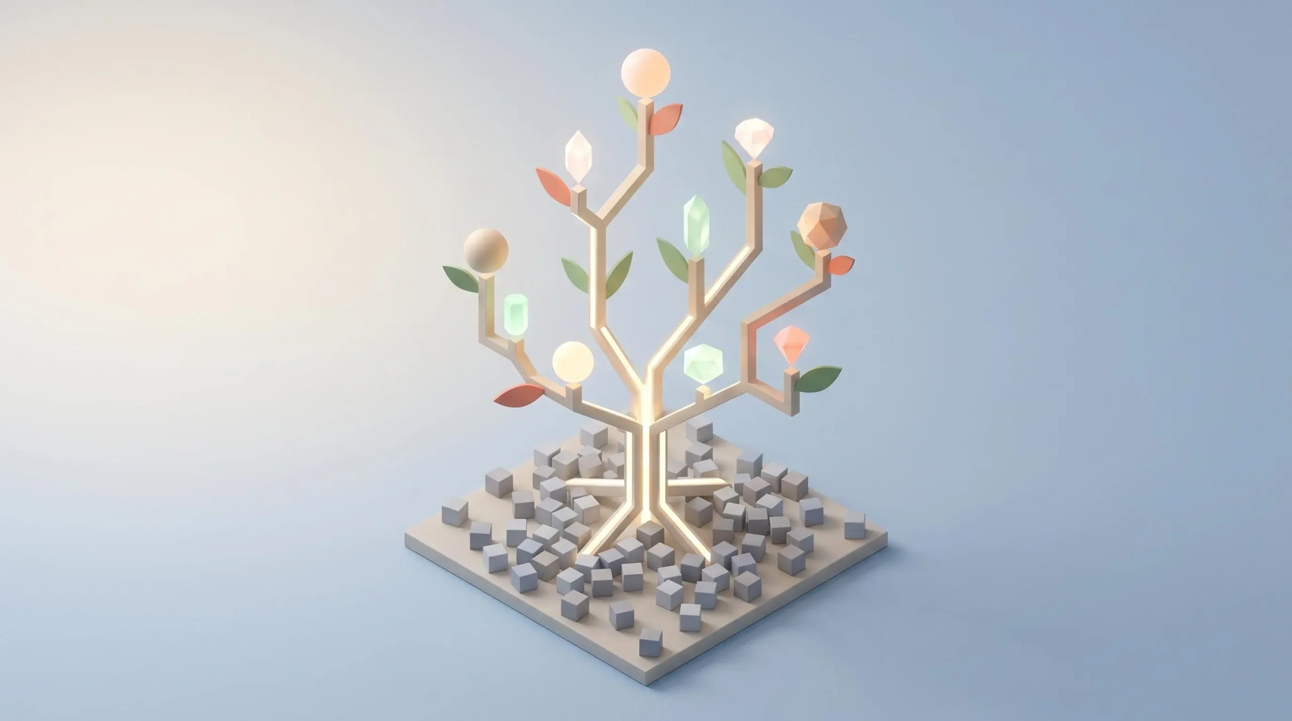 Illustration 3D isométrique représentant la transformation de données brutes (cubes épars) en insights structurés (arbre géométrique lumineux aux fruits cristallins), style minimaliste scandinave